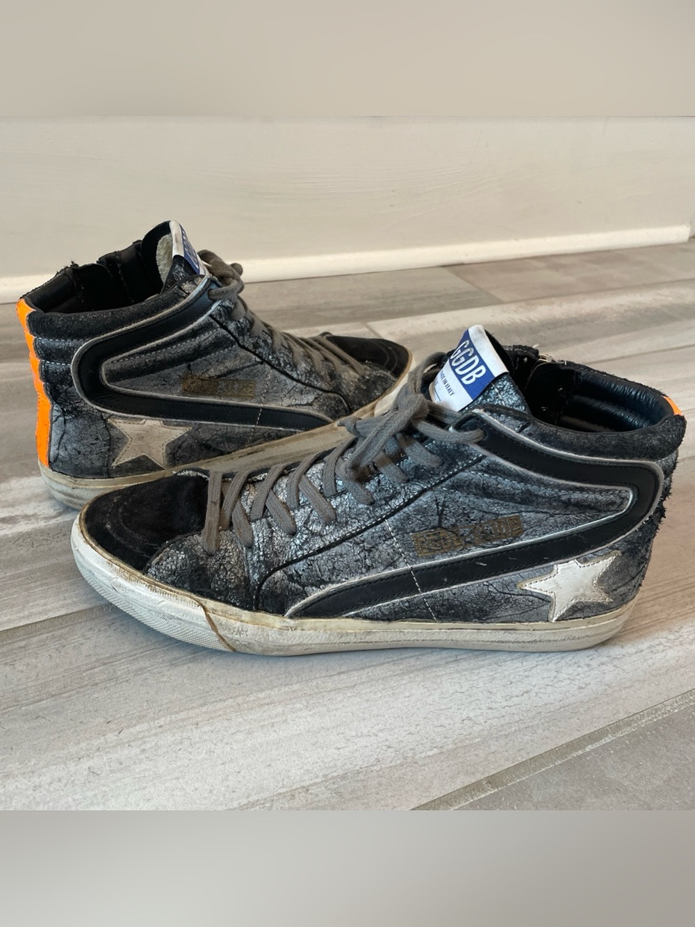GOLDEN GOOSE Slide High Top Star Sneaker Black/Silver/Metallic/White 40EU/10US